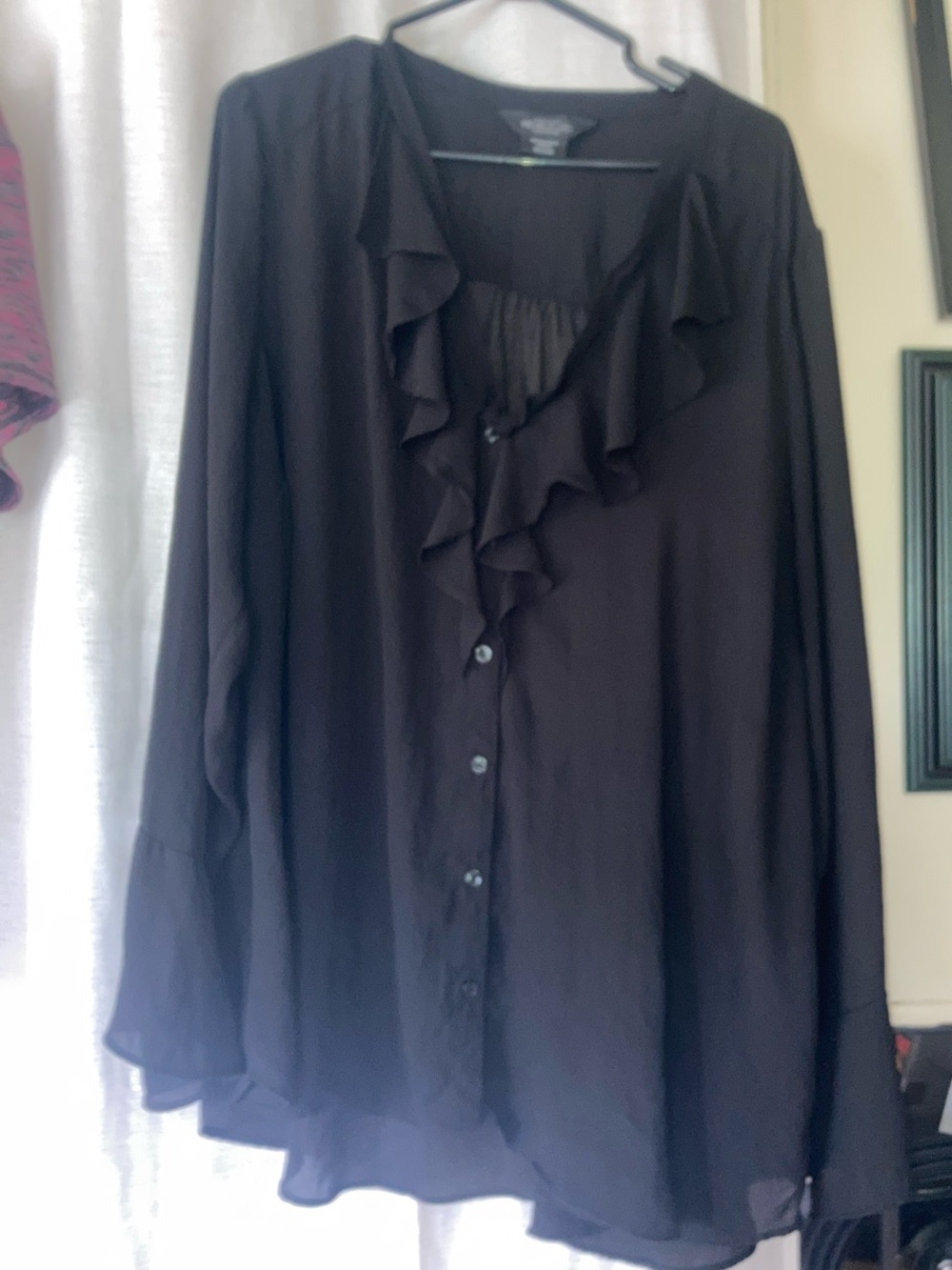 Michel Studio Black Ruffle-Front Button Down Blouse